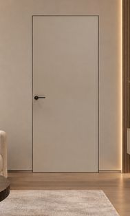 Дверь межкомнатная Порта Invisible Reverse 4AB ПЭТ, левое открывание, Keramik Beige, глухая, скрытая, кромка алюминиевая черная матовая, каркасно-щитовая
