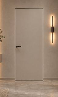 Дверь межкомнатная Порта Invisible Reverse 4AB ПЭТ, правое открывание, Keramik Beige, глухая, скрытая, кромка алюминиевая черная матовая, каркасно-щитовая