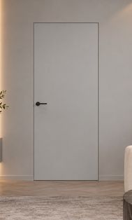 Дверь межкомнатная Порта Invisible Reverse 4AB ПЭТ, правое открывание, Shellac Grey, глухая, скрытая, кромка алюминиевая черная матовая, каркасно-щитовая