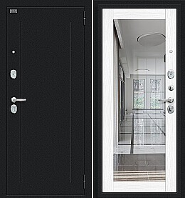 Дверь входная Флэш Букле черное/Snow Melinga, с зеркалом, 2 замка