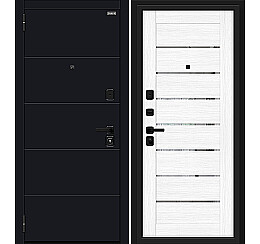 Дверь входная Прайд Total Black/Snow Melinga, с зеркалом, 2 замка, с ночной задвижкой