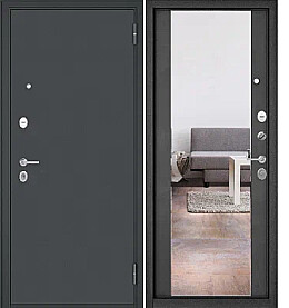 Дверь входная Family Eco MP E-164 (чёрная фурнитура), с зеркалом Черный муар металлик/Бетон тёмный, E-164 mirror, 2 замка, с ночной задвижкой
