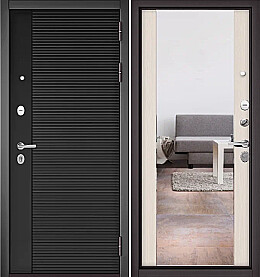 Дверь входная Trust Mass PP 160/164, с зеркалом Черный матовый, 160/Бьянко ларче, 164 mirror, 2 замка, с ночной задвижкой