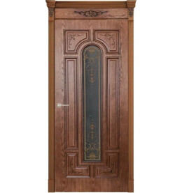 Дверь межкомнатная Арес Шпонированные, Орех натуральный-2, остекленная, сатинат белый с фотопечатью, каркасно-щитовая