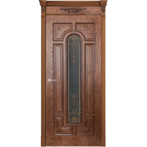 Дверь межкомнатная Арес Шпонированные Орех натуральный-2, 3D фрезеровка патина, остекленная, сатинат белый с фотопечатью, каркасно-щитовая