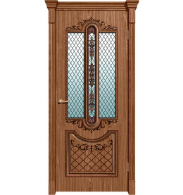 Дверь межкомнатная Муар Шпонированные, Орех натуральный-2, остекленная, сатинат белый с фотопечатью, каркасно-щитовая