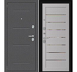Дверь входная Porta R-2 104/П222 Антик серебро/Wood Nardo Grey, с зеркалом, 2 замка, с ночной задвижкой