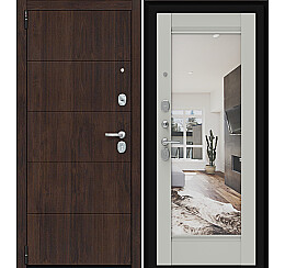 Дверь входная Porta R-3 4/K41 Almon 28/Nardo Grey, с зеркалом, 2 замка, с ночной задвижкой