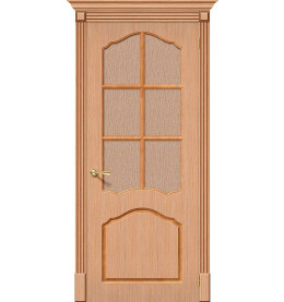 Дверь межкомнатная Каролина Шпонированные, Ф-05 (Дуб), остекленная, сатинат бронза художественный, каркасно-щитовая