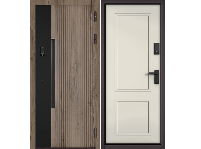 Дверь входная Сити Интегра Ай Кью ПП 401ЧМ/1 Csmart Дуб галифакс грей/Черный матовый/Эмаль молоко, 1 замок, с ночной задвижкой
