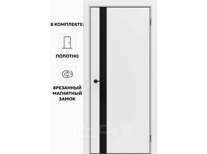 Дверь межкомнатная Порта-51 4AB ПЭТ, Shellac White в комплекте с врезанной черной магнитной защелкой, глухая, кромка алюминиевая черная матовая, каркасно-щитовая