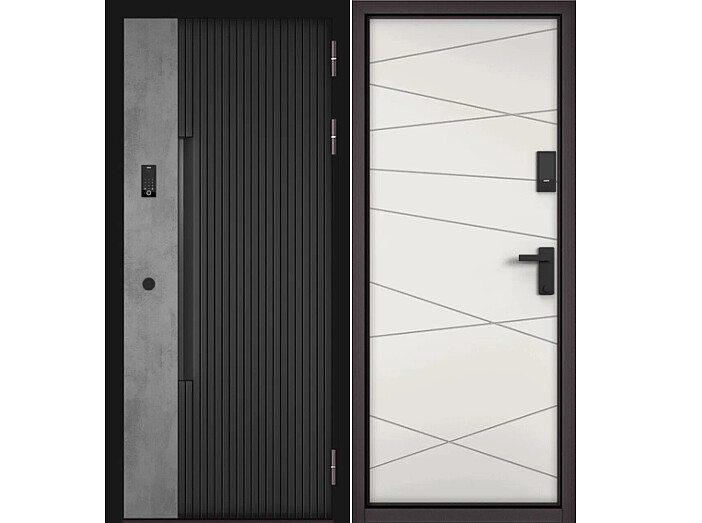 Дверь входная Сити Интегра Ай Кью ПП 401БС/130 Черный матовый/Бетон серый/Белыйт софт, 1 замок, с ночной задвижкой