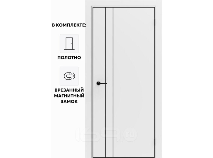 Дверь межкомнатная Порта-58 4AB ПЭТ, Shellac White в комплекте с врезанной черной магнитной защелкой, глухая, кромка алюминиевая черная матовая, каркасно-щитовая