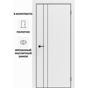 Дверь межкомнатная Порта-58 4AB ПЭТ, Shellac White в комплекте с врезанной черной магнитной защелкой, глухая, кромка алюминиевая черная матовая, каркасно-щитовая