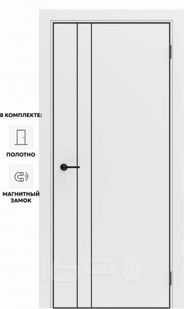 Дверь межкомнатная Порта-58 4AB ПЭТ, Shellac White в комплекте с врезанной черной магнитной защелкой, глухая, кромка алюминиевая черная матовая, каркасно-щитовая