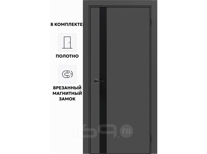 Дверь межкомнатная Порта-51 4AB ПЭТ, Shellac Graphite в комплекте с врезанной черной магнитной защелкой, глухая, кромка алюминиевая черная матовая, каркасно-щитовая