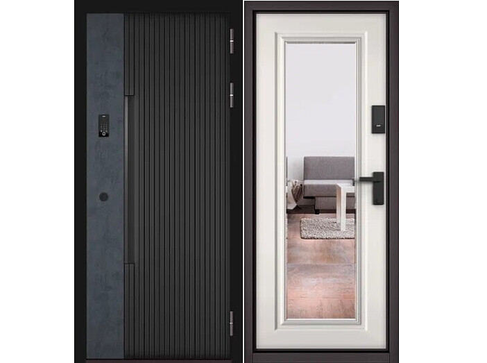Дверь входная Сити Интегра Ай Кью ПП 401БГ/140 Черный матовый/Бетон графит/Эмаль белоснежная, 1 замок, с ночной задвижкой