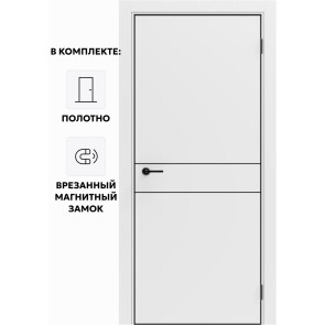 Дверь межкомнатная Порта-52 4AB ПЭТ, Shellac White в комплекте с врезанной черной магнитной защелкой, глухая, кромка алюминиевая черная матовая, каркасно-щитовая