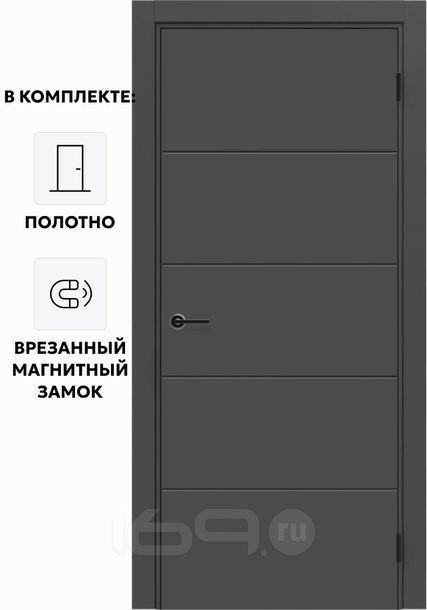 Дверь межкомнатная Порта ПТА-4 B ПЭТ, Shellac Graphite в комплекте с врезанной черной магнитной защелкой, глухая, каркасно-щитовая