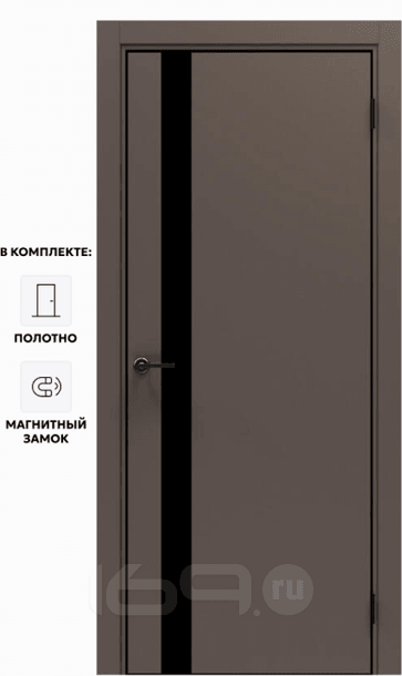 Дверь межкомнатная Порта-51 4AB ПЭТ, Keramik Brown в комплекте с врезанной черной магнитной защелкой, глухая, кромка алюминиевая черная матовая, каркасно-щитовая