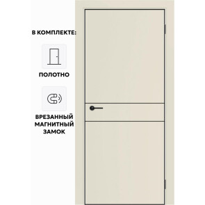 Дверь межкомнатная Порта-52 4AB ПЭТ, Shellac Cream в комплекте с врезанной черной магнитной защелкой, глухая, кромка алюминиевая черная матовая, каркасно-щитовая