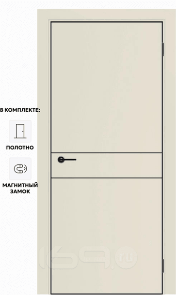 Дверь межкомнатная Порта-52 4AB ПЭТ, Shellac Cream в комплекте с врезанной черной магнитной защелкой, глухая, кромка алюминиевая черная матовая, каркасно-щитовая