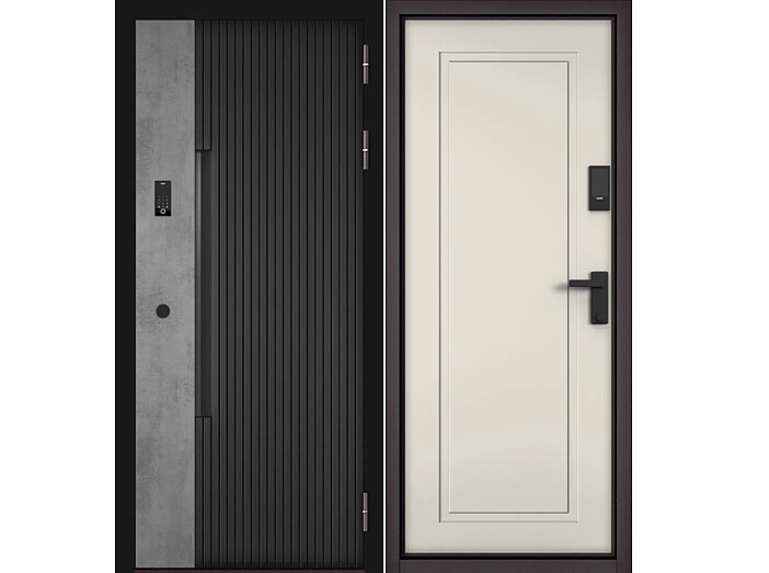 Дверь входная Сити Интегра Ай Кью ПП 401БС/1 CSmart Черный матовый/Бетон серый/Эмаль молоко, 1 замок, с ночной задвижкой