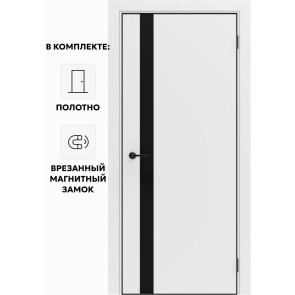 Дверь межкомнатная Порта-51 4AB ПЭТ, Shellac White в комплекте с врезанной черной магнитной защелкой, глухая, кромка алюминиевая черная матовая, каркасно-щитовая