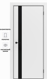 Дверь межкомнатная Порта-51 4AB ПЭТ, Shellac White в комплекте с врезанной черной магнитной защелкой, глухая, кромка алюминиевая черная матовая, каркасно-щитовая