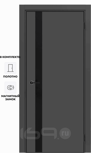 Дверь межкомнатная Порта-51 4AB ПЭТ, Shellac Graphite в комплекте с врезанной черной магнитной защелкой, глухая, кромка алюминиевая черная матовая, каркасно-щитовая