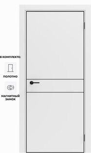 Дверь межкомнатная Порта-52 4AB ПЭТ, Shellac White в комплекте с врезанной черной магнитной защелкой, глухая, кромка алюминиевая черная матовая, каркасно-щитовая