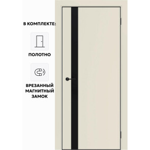 Дверь межкомнатная Порта-51 4AB ПЭТ, Shellac Cream в комплекте с врезанной черной магнитной защелкой, глухая, кромка алюминиевая черная матовая, каркасно-щитовая