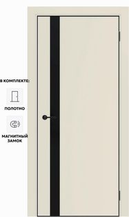 Дверь межкомнатная Порта-51 4AB ПЭТ, Shellac Cream в комплекте с врезанной черной магнитной защелкой, глухая, кромка алюминиевая черная матовая, каркасно-щитовая