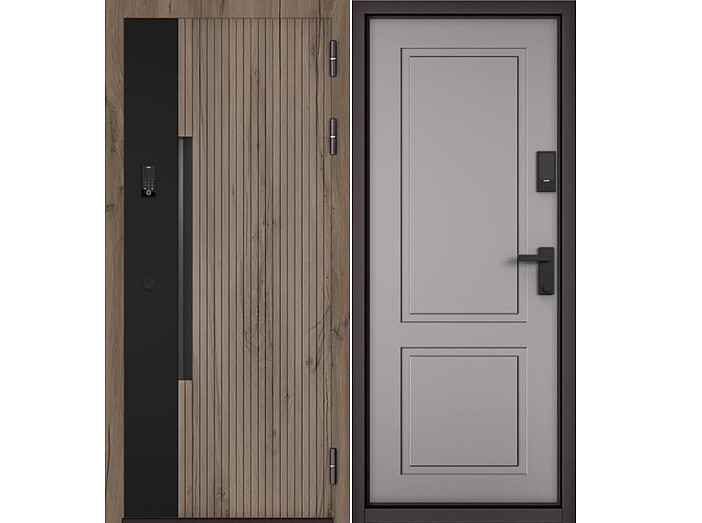 Дверь входная Сити Интегра Ай Кью ПП 401ЧМ/1 Csmart Дуб галифакс грей/Черный матовый/Эмаль светло-серая, 1 замок, с ночной задвижкой