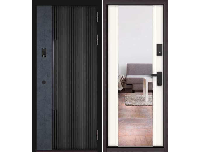 Дверь входная Сити Интегра Ай Кью ПП 401БГ/164 Черный матовый/Графит/Эмаль белоснежная, 1 замок, с ночной задвижкой