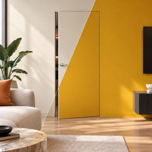 Дверь скрытого монтажа Инвизибл Реверс-0.А Prime, грунт (под окраску), левое открывание, Грунт, кромка алюминиевая матовый хром, каркасно-щитовая