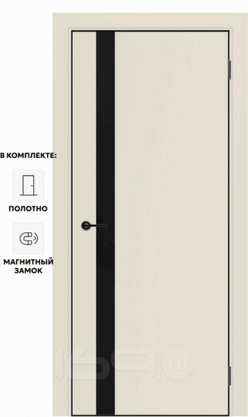 Дверь межкомнатная Порта-51 4AB ПЭТ, Shellac Cream в комплекте с врезанной черной магнитной защелкой, глухая, кромка алюминиевая черная матовая, каркасно-щитовая