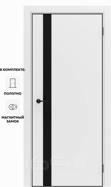 Дверь межкомнатная Порта-51 4AB ПЭТ, Shellac White в комплекте с врезанной черной магнитной защелкой, глухая, кромка алюминиевая черная матовая, каркасно-щитовая