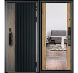 Дверь входная CITY SMART PP 401/164 Чёрный матовый дуб галифакс/Дуб галифакс медовый, с зеркалом, 2 замка