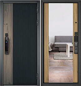 Дверь входная Сити Смарт ПП 401/164 Чёрный матовый дуб галифакс/Дуб галифакс медовый, с зеркалом, 2 замка