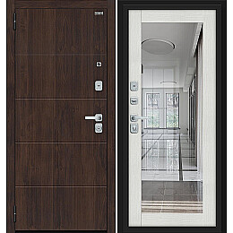 Дверь входная Флэт/BChrome Almon/Bianco Melinga, с зеркалом, 2 замка, с ночной задвижкой