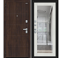 Дверь входная Флэт/BChrome Almon/Bianco Melinga, с зеркалом, 2 замка, с ночной задвижкой
