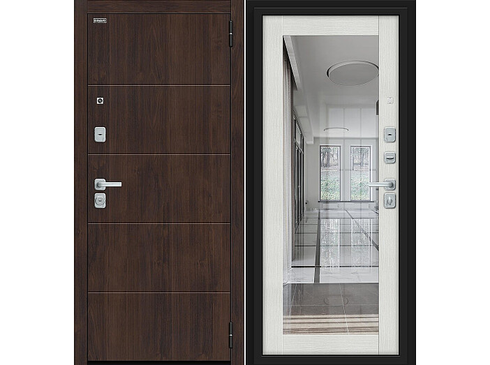 Дверь входная Флэт/BChrome Almon/Bianco Melinga, с зеркалом, 2 замка, с ночной задвижкой