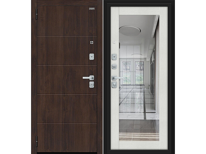 Дверь входная Флэт/BChrome Almon/Bianco Melinga, с зеркалом, 2 замка, с ночной задвижкой