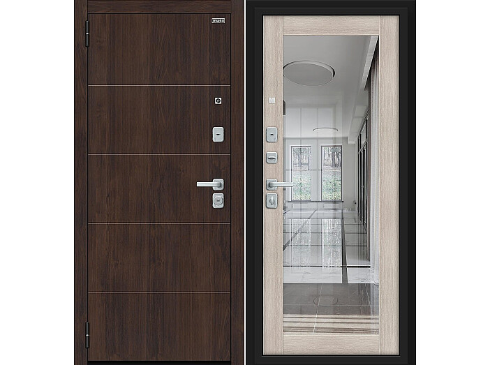 Дверь входная Флэт/BChrome Almon/Cappuccino Melinga, с зеркалом, 2 замка