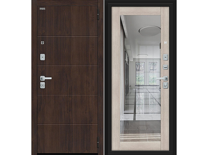 Дверь входная Флэт/BChrome Almon/Cappuccino Melinga, с зеркалом, 2 замка, с ночной задвижкой