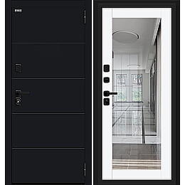 Дверь входная Флэт/SBlack Black Shell/White Silk, с зеркалом, 2 замка, с ночной задвижкой