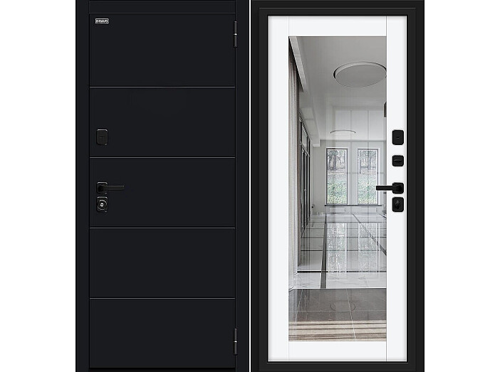 Дверь входная Флэт/SBlack Black Shell/White Silk, с зеркалом, 2 замка, с ночной задвижкой