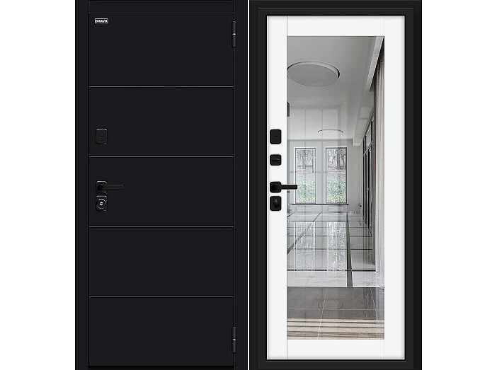 Дверь входная Флэт/SBlack Black Shell/White Silk, с зеркалом, 2 замка, с ночной задвижкой