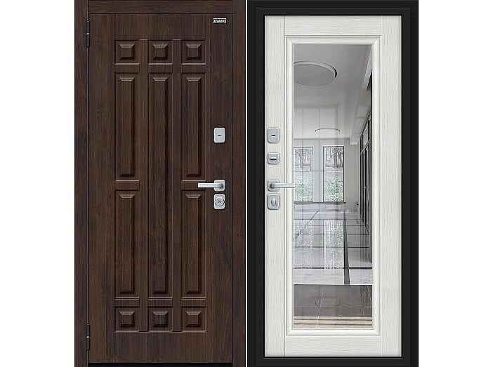 Дверь входная Форм/BChrome Almon/Bianco Melinga, с зеркалом, 2 замка, с ночной задвижкой